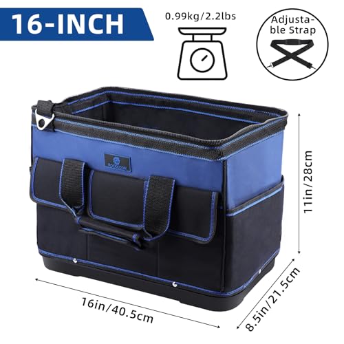 Tool Bag 16'', Multi-pocket Tool Organizer with Water Proof Plastic Base, Heavy Duty Tote with Shoulder Strap for Tool Storage, Black & Blue