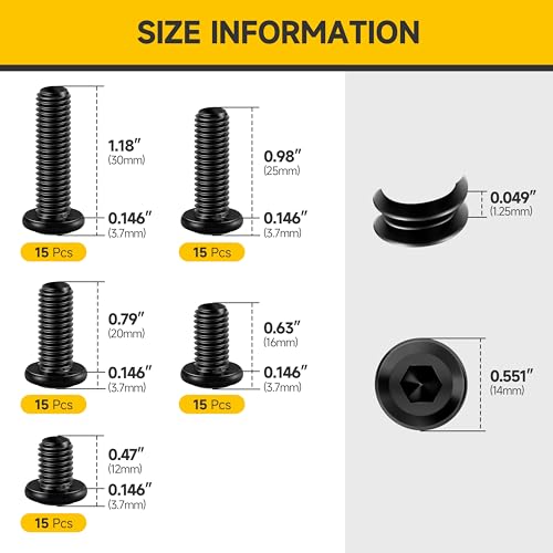 Mywish M8 x 20mm 50Pcs Flat Head Hex Socket Cap Screws Bolts & M8 Bolts x 12/16/20/25/30mm 25Pcs Flat Head Hex Socket Cap Screws Bolts Assortment Kit, 304 Stainless Steel Furniture Bolts, Black Oxide