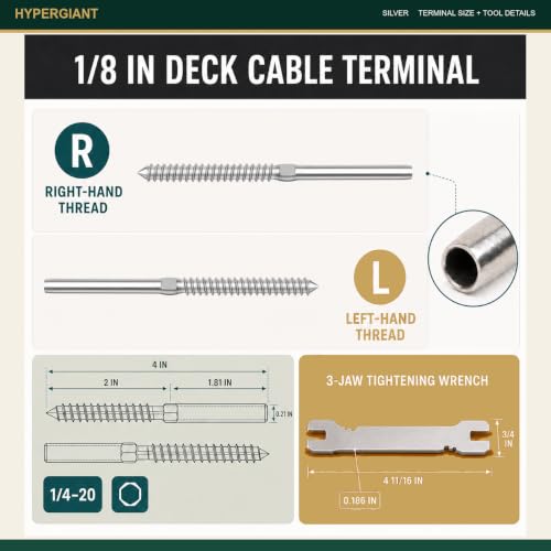 HYPERGIANT 60 Pack Stainless Cable Railing Kit Terminal Hardware, 1/8 Cable Railing Hardware with T316 Right & Left Thread Swage Lag Screws for Wood Posts, Silver