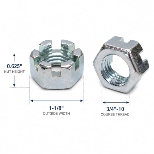 3/4-10 Castle Nut, Zinc Plated Grade 2 Steel, Coarse Thread, Slotted Hex Lock Nut, 20 Pack