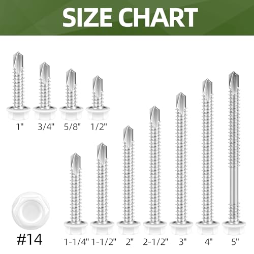 #14 x 5 (30 PCS) White Head Sheet Metal Screws, Hex Washer Head Self Drilling Screw, Flanged Fast Self Tapping Screws, Hex Bit Socket Included #14 x 5"