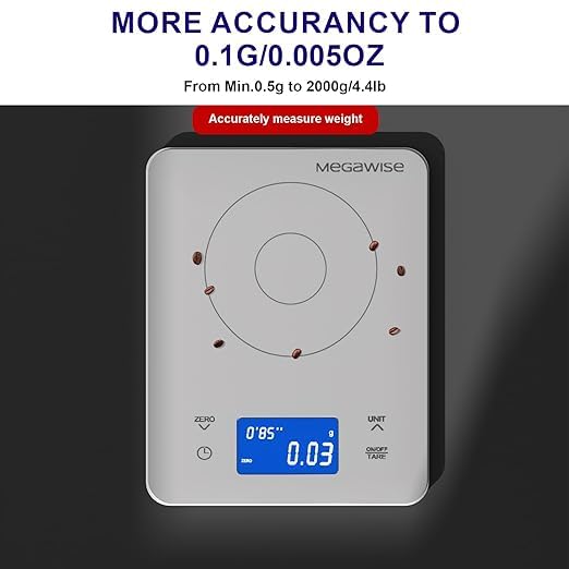 MEGAWISE Precision Coffee Scale,High Precision to 0.005oz, Waterproof Tempered Glass, 4 Weighing Modes, Professional Coffee Brewing Timer, Battery & Rechargeable