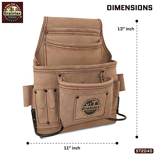 GRAINTEX ST2040 10 Pocket Nail & Tool Pouch Natural Top Grain Leather for Framers, Constructors, Electricians, Plumbers, Handyman
