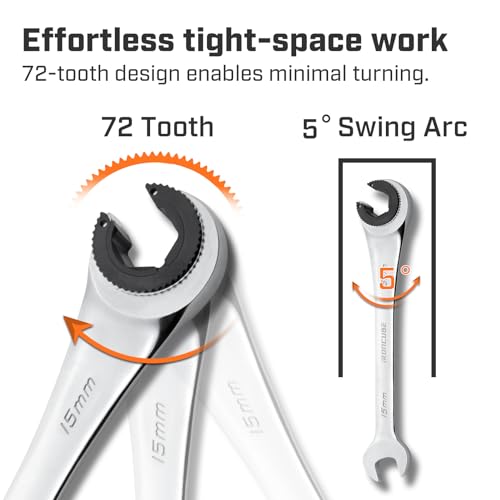 ironcube Brake Line Wrench Set: 6 Pcs Metric 10-17mm - Ratcheting Open-end for Nuts on Fuel, Brake or Air Conditioning Lines