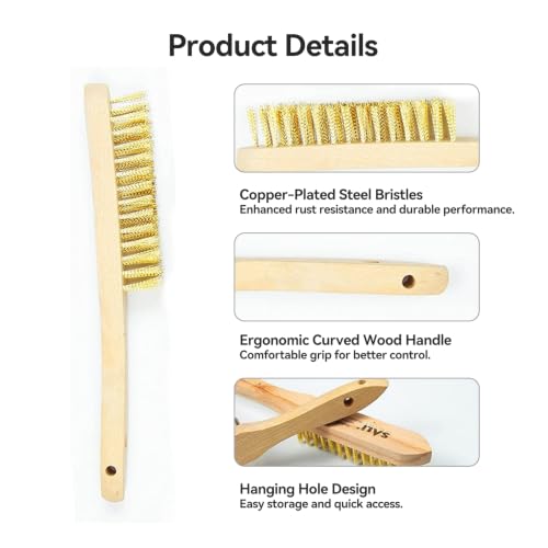 SALI Wire Brushes for Cleaning Rust Removal Plated Copper Bristles Tool for Automotive,Paint , Welding Slag,Grill,Household Clean 11" Long Curved Beechwood Handle , 14X4 Rows Bristles Pack of 12