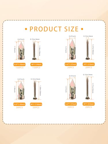 Self Drilling Drywall Anchors Kit with Screws 420PCS - 2 Sizes Sheetrock Anchors & 4 Sizes Zinc Expansion Screws,No Drill or Holes in Wall for Wall Hanging,Various scenarios MDZT-420PCS