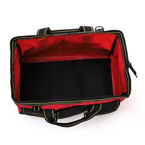 Hiceeden 16 Inch Wide Mouth Tool Bag, Collapsible Tool Tote with Waterproof Coating and Adjustable Strap, Portable Electrician Tool Organizer Handbag with 5 Outside Pockets, Red (Pack of 3) 16.1 x 8.2 x 8.6 inches (Pack of 3)