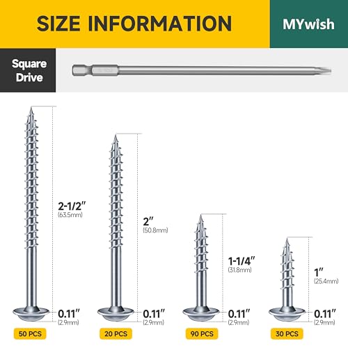Mywish 190Pcs #8 Pocket Hole Screws, Wood Screws Assortment Kit & Blue 190Pcs #8 x 1, 1-1/4", 2", 2-1/2", Self Tapping Pocket Screws with Square Drive, with 150MM Pocket Hole Drill Bit