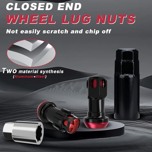 Lug Nuts Aluminum/Alloy Steel Tire Nut Lock 16 PCS Hex Nuts,4xEight Point Spline Nuts,1xHex Socket Key,1xEight Point Spline Socket Key,22mm OD/45mm H (Red Accents/Black Body, M12x1.25) Red Accents / Black Body