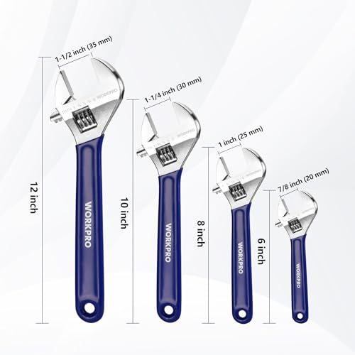 WORKPRO 4-Piece Wide Jaw Adjustable Wrench Set, 6"-12", Chrome Plated Blue