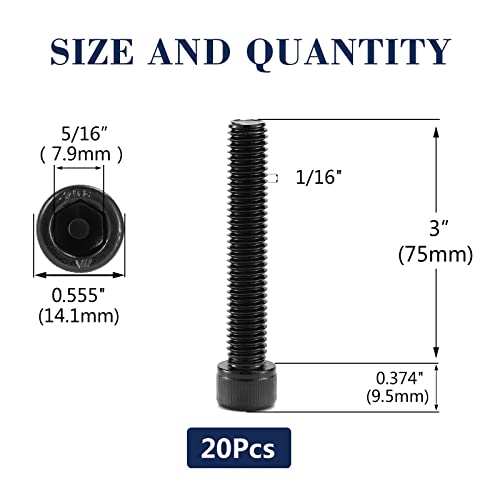 3/8-16 x 3 Socket Head Cap Screws Bolts, 20Pcs 304 Stainless Steel 18-8, Allen Socket Hex Drive, Full Thread, Black Oxide by SG TZH(with Hex Spanner)