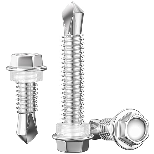 Wensilon (50Pcs)#14×7" Hex Washer Head Self Drilling Screws, 410 Stainless Steel Metal SheetScrews，TEK Screws, Self Drilling Screws, Self Tapping Screws,Extensions Extra Long Screws #14×7” Silver