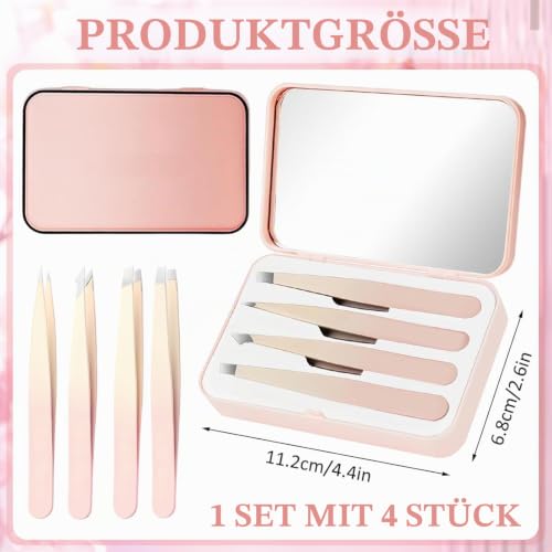 Set of 4 Stainless Steel Tweezers Set Mirror for Eyebrow Facial Hair | Stainless steel, ergonomic handle. 4 different tweezers for eyelashes, eyebrows, fine hairs, travel daily.