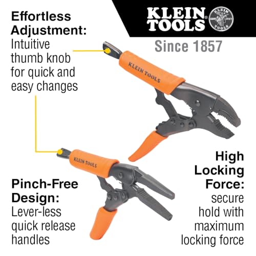 Klein Tools 38663 Locking Pliers Set, 7-Inch Long Nose and 10-Inch Curved Jaw Pliers, High Torque and Gripping Power, 2-Piece Combo Kit