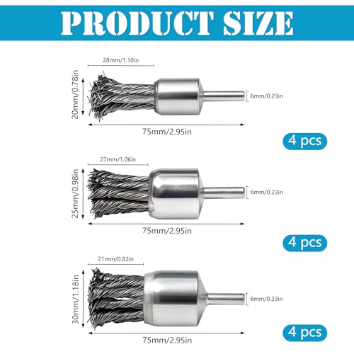 12 Piece Wire Brush Drill Set for Corrosion, Paint Removal | 20mm/25mm/30mm, Wire Brush Wheel for Drill, Brush Head Brush, Wire Brush for Drill, Wire End Brush Set