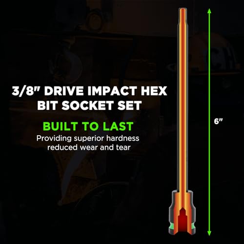 TecoTek 3/8" Drive Long Impact Hex Bit Socket Set, Allen Bit Sockets, 20PCS Allen Wrench Socket, SAE (1/8"-7/16”) and Metric (3MM-12MM), 6" Long CR-V & S2 Alloy Steel Hex Key Set