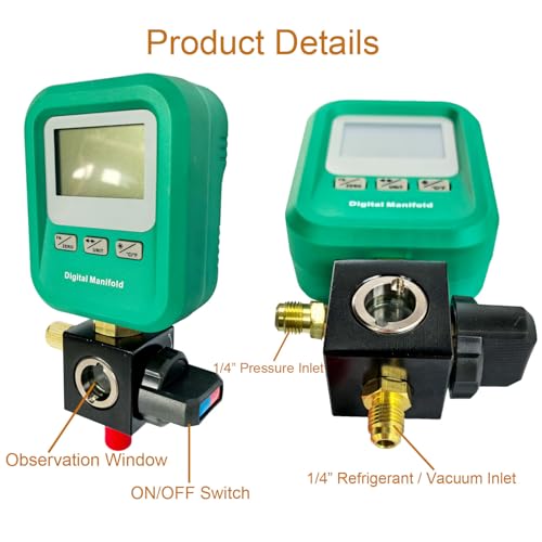 Portable Digital HVAC Manifold Gauge Set Refrigerant Gauge Diagnostic Tool for R134A/R410A/1234YF 12 Refrigerants | Pressure/Vacuum/Leak Test | Automotive & Home HVAC Maintenance