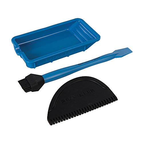 Rockler offers a wood glue applicator set with an 8oz bottle featuring a glue spout, red cap, and silicone brush for precise application. Their silicone glue applicator kit includes a glue brush, glue
