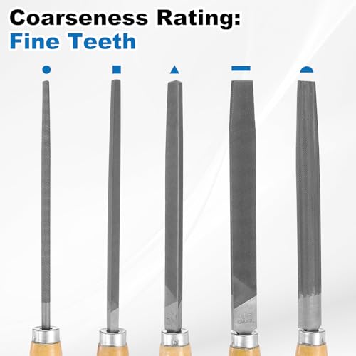 HARFINGTON 5pcs Metal File Set 10" Fine Teeth High Carbon Steel Hand Files with Wooden Handle Square/Flat/Triangle/Half-Round/Round for Metal Wood Stone Grinding Polishing Engraving 10 Inch