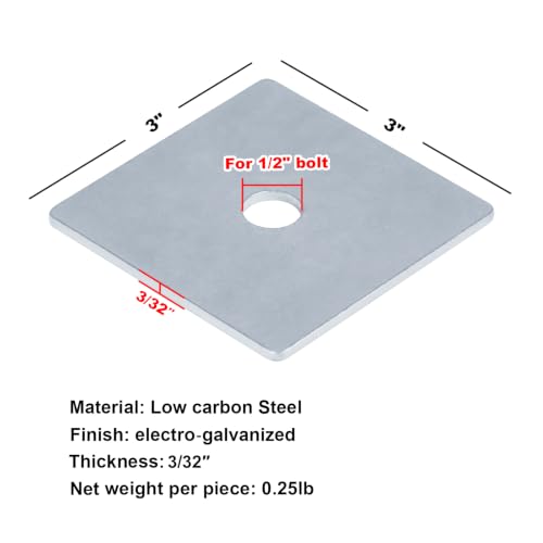 12 Pack Square Washers for 1/2" Bolt,3" x 3"