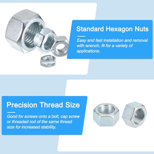 METALLIXITY Hex Nuts (1-1/4"-12) 5Pcs, Carbon Steel Coarse Thread Zinc Plated Hexagon Nut Hardware - for DIY Home Repair Machinery, Silver 1-1/4"-12 5