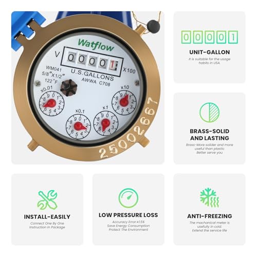 DN15 Vertical Water Meter with 1/2" NPT Couplings, Heavy Brass Cold Water Meter Measuring in Gallon, AWWA 708 Certification for Garden/Home/Apartment. 1/2" Cold, cu m,gal