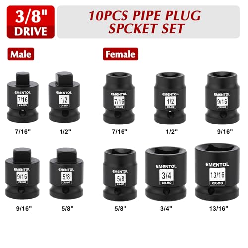 EMENTOL 10PCS 1/2" Dr. Pipe Plug Socket Set, SAE, CR-MO, Tapered Male Square Drive - 7/16 Inch to 9/16 Inch, Chamfered Female Square Drive - 7/16 Inch to 13/16 Inch 10PCS 1/2"Dr.