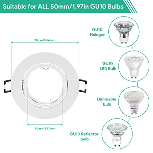 Tailcas Set of 10 Recessed Spotlights GU10 68-80 mm Hole Size Round Matt White | GU10 Recessed Frame 230V incl. GU10 Socket, 30° Swivel Recessed Spotlights and Ceiling Spotlights for LED/Halogen (Bulbs Not Included) Round, Matt White