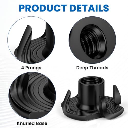 Mellewell 3/8"-16 T-Nuts, Black Zinc Plated Steel 4-Pronged Tee Nut for Wood, Rock Climbing Holds, Furniture, 4-Jaw Threaded Insert for Bolts and Screws, 50 Pack Black Carbon Steel