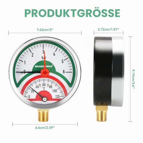 Thermal Pressure Gauge, 3 Inch Dial, 0-6 Bar/120°C, Black Steel Case, G1/2 Lower Connection