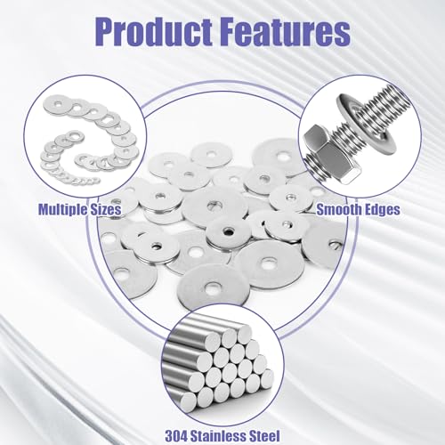 550 Pcs Fender Washers Assortment Kit, 304 Stainless Steel Flat Washers Set for Screws and Bolts, SAE and Metric Sizes M3-M12, #6-#12, 1/4" to 1/2", Heavy Duty Hardware for Industrial and DIY Projects Fender Washers-550Pcs