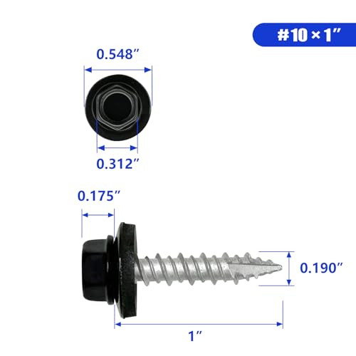 #10 x 1 Inch Metal Roofing Screws, Black Hex Head Sheet Metal Roof Screw with EPDM Washer, Sharp Point Metal to Wood Siding Screws 200-PCS