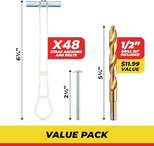 1/4”-20 Quick Easy Heavy Duty Toggle Anchors with Bolts - Hollow Wall Anchors with Steel Wings, Adjustable Up to 2 1/2" Thick Wall, Holds Up to 1080 Lbs, Heavy Duty Drill Bit Included (48 Pack) 48 Pack