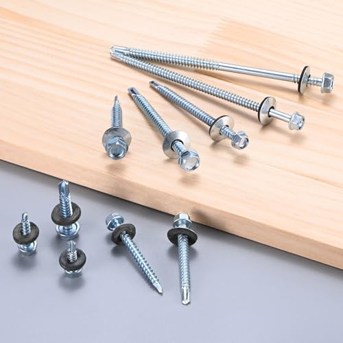 M METERXITY 100-Pack Self Drilling Screws with Rubber Washer #14 x 1-1/4" Zinc Plated Carbon Steel Hex Head Self-Tapping Screws for Metal Roofing/Siding Panels/Steel Structures [ 38mm Length] M6.3 x 32mm