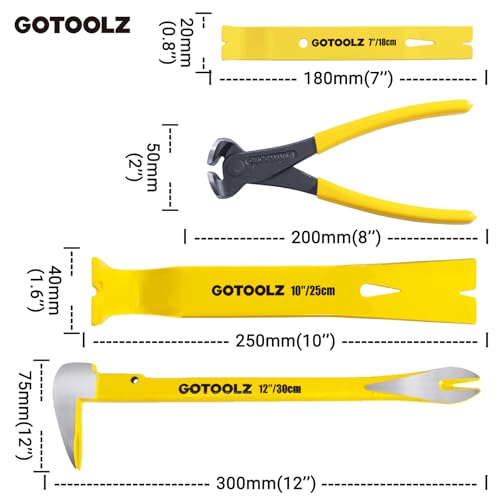 4-Piece Pry Bar Set, 12-Inch Utility Claw Pry Bar, 10-Inch & 7.5-Inch Flat Pry Bars Crowbar Claw, 8-Inch End Cutting Pliers, Nail Remover Tool for Baseboard, Floor, Nails Removal (Yellow 2026) Yellow 2026