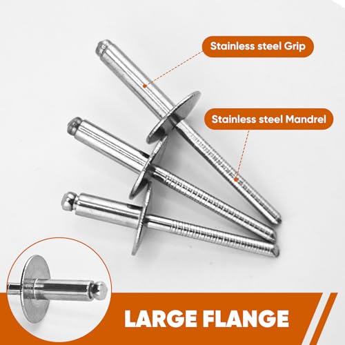 100pcs All Stainless Steel Large Flange Blind Rivets, 3/16 * 3/4" Stainless Steel Rivets, 4.8 * 20 Pop Rivet 3/16"*3/4"