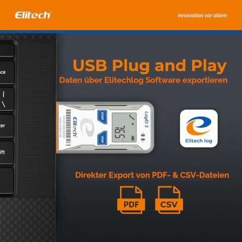 Elitech LogEt5TH USB Temperature and Humidity Data Logger, -30°C to 70°C, 32000 Memory Points, Auto PDF/CSV Reports, Compatible with Windows & MacOS, Reusable for Food Cold Chain Temperature -30 ~ 70 °C and humidity