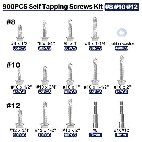 900PCS #8#10#12 Self Tapping Screws for Metal, 410 Stainless Steel Hex Washer Head Self Drilling Sheet Metal Screws Assortment Kit with Rubber Washers Silver