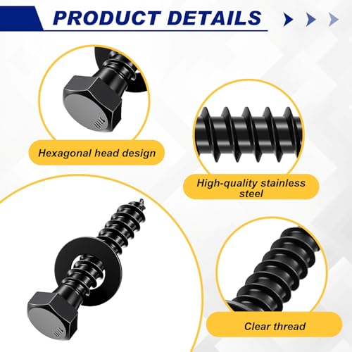 Zonon 50 Pcs 3/8'' X 2" Hex Head Lag Bolts Screws with Washers, Black 3/8'' X 2"