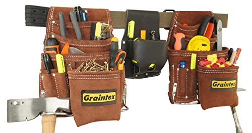 Graintex SS2975 20 Pocket Nail & Tool Pouch Set Brown Color Suede Leather with 2" Leather/Webbing Belt and Professional Measuring Tape Holder for Contractors, Electricians, Plumbers, Handymen