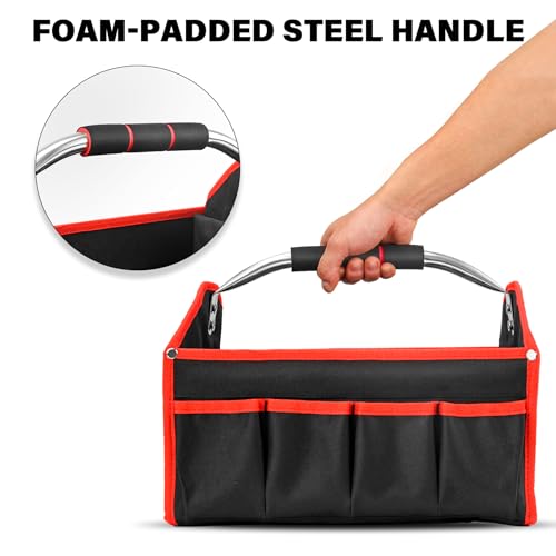 HAUTMEC 13 Inch Tool Bag, Foldable Open Top Tool Bag with Stiff Frame, Heavy-Duty Tool Tote with Padded Handle, Water-Resistant Base, Portable Tool Organizer for DIY & Jobsite Use – TB0001 13-Inch