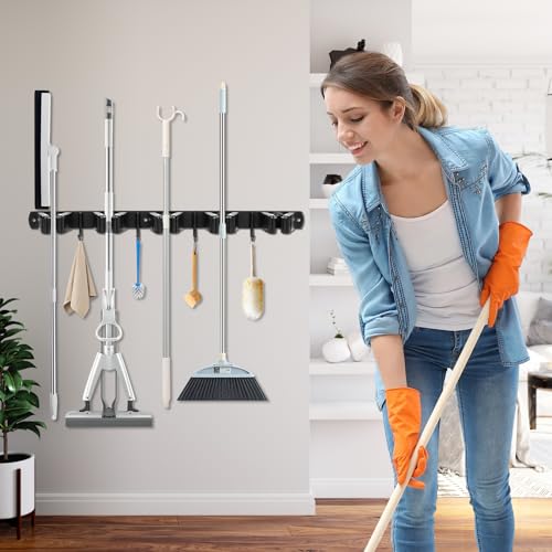 Pack of 2 broom holder, wall, garden tool holder, made of stainless steel | 10 Holders + 8 Hooks Heavy Duty Device Holder Self-Adhesive Broom Mop Holder Wall Mount for Kitchen Bathroom Garage Garden