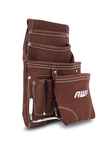 AWP 10-Pocket Suede Tool Pouch | Durable General Construction Leather Tool Pouch | Brown Suede Tool Pouch + Tool Belt