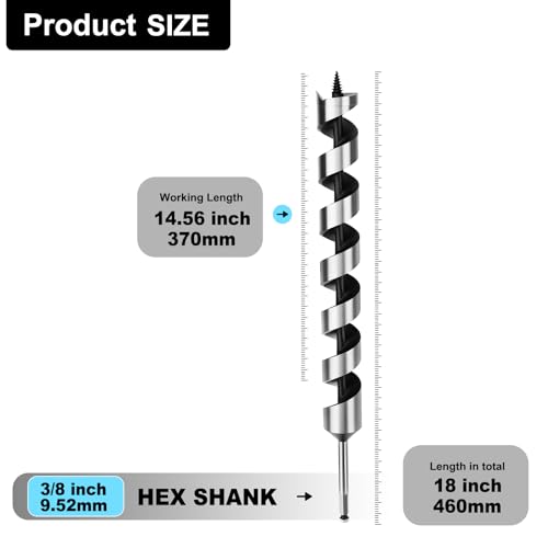 1-1/2" X 18" Auger Bit for Wood, 38x460mm Hex Long Auger Drill Bit 1-1/2" (38mm)diameter 18 inch / 460mm Length