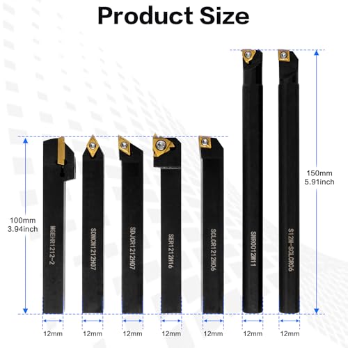 21Pcs Kit Indexable Lathe Turning Tool,1/2" 12mm Holder and Carbide Inserts 7pcs 1/2'' 12mm Shanks+14pcs Inserts