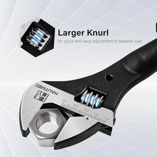 HAUTMEC 16 inch Adjustable Spud Wrench, Wide Jaw Up to 1-5/8"(41mm), Adjustable Spud Wrenches with Tail Pry Bar Features, Black Oxide Finish, Forged CR-V Steel Metric & SAE Scales with Tether Hole 16in