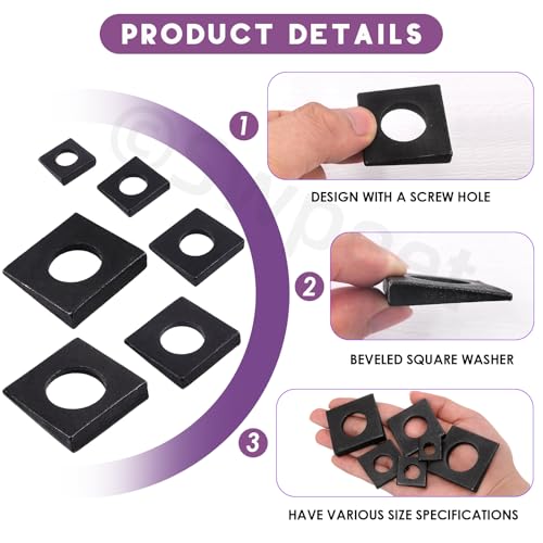 Swpeet 34Pcs 6 Sizes M8 /M10 /M12 /M16 /M18 /M20 Galvanized Black Beveled Square Washers Assortment Kit, Wedge Shaped Washers in Plain Carbon Steel for Shim Leveling Black Square Beveled