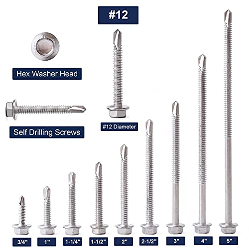 #12 x 5 Sheet Metal Screws 100PCS 410 Stainless Steel Hex Washer Head Fast Self Tapping Screws by SG TZH #12 x 5"