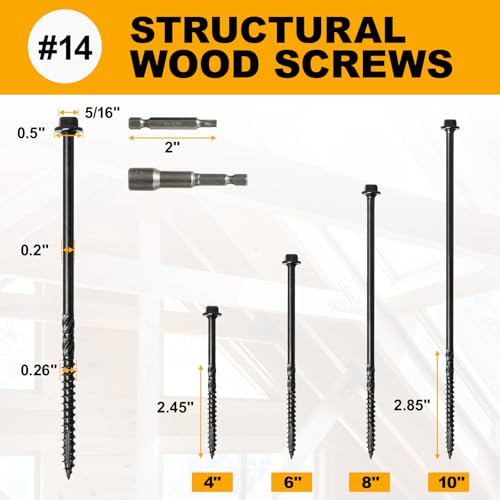 #14 x 6 Wood Structural Screws 6 Inch Black 50