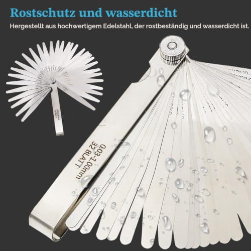 32 Blades Feeler Gauges 0.03-1mm Stainless Steel Feeler Gauge Valve Game | 0.03-1mm (0.0012-0.039"), Imperial and Metric Probe Blade Gauge Tool for Measuring Gap Guitars, Spark Plugs